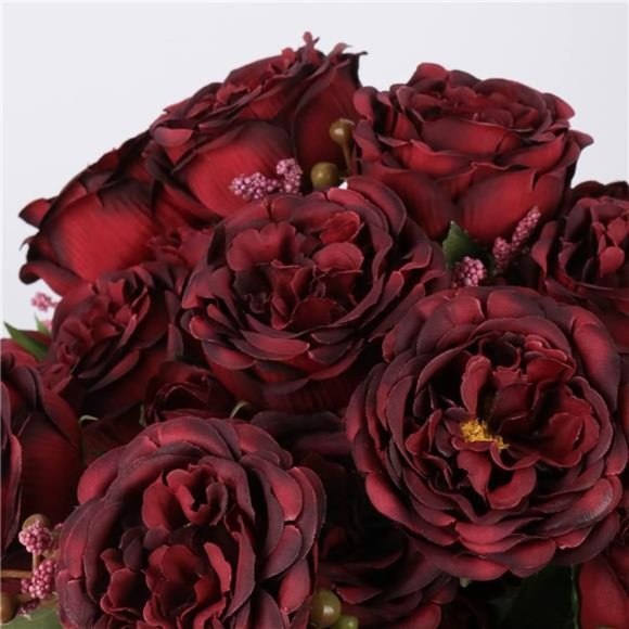 Artificial Peonies Silk Flowers, Burgundy Faux Peony Bouquet 4 Bundles Florals - Picture 5 of 6
